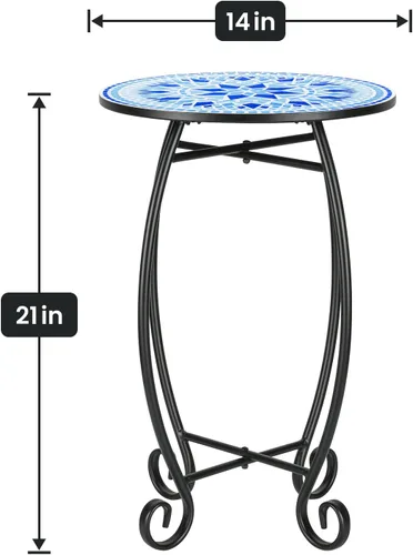 Miniatura 3 de Mesa auxiliar lateral redonda de 14 pulgadas para exteriores, mesa auxiliar de acento con trabajo de metal en espiral con superficie de azulejos