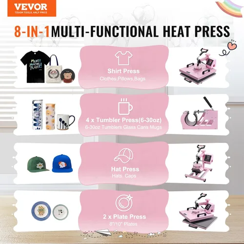 Miniatura 2 de VEVOR Máquina de prensa de calor de 15 x 15 pulgadas, combo 8 en 1 con prensa de vasos de 30 onzas y prensa para sombreros, máquina de sublimación