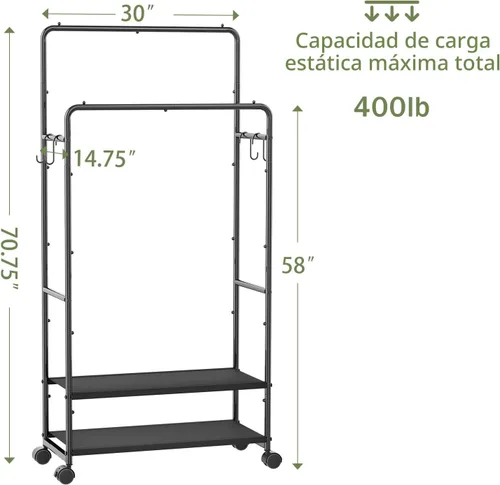 Miniatura 3 de Simple Trending Perchero para colgar ropa, perchero de doble barra con estantes, carga de 400 libras, perchero con ruedas, color negro
