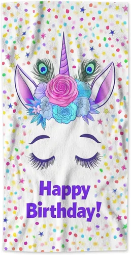 AOYEGO Toalla de mano de unicornio con diseño de animales y plumas florales, con cita de feliz cumpleaños, dibujada a mano, estrellas y puntos,