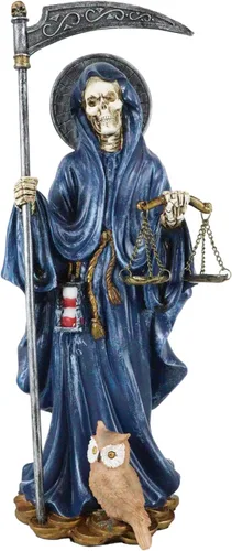 Miniatura 5 de Ebros Gift Figura de Santa Muerte de pie con guadaña y escalas de justicia con búho sabio de 10.25 pulgadas de alto, hueso de la muerte sagrada