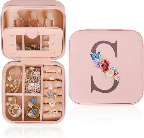 Joyero de viaje, pequeño joyero, regalos para mujeres y niñas, mini organizador de joyas portátil rosa para aretes, anillos, collares iniciales S