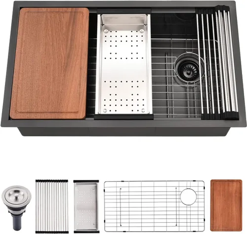 Miniatura 10 de Fregadero de cocina de montaje inferior, fregadero de cocina de acero inoxidable de 25 x 19 pulgadas, calibre 16, con estación de trabajo con tabla