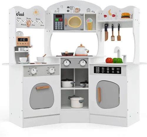 Miniatura 12 de Costzon Juego de cocina esquinera para niños, juego de cocina de juguete de madera con campana extractora de luces y sonidos, máquina de hielo