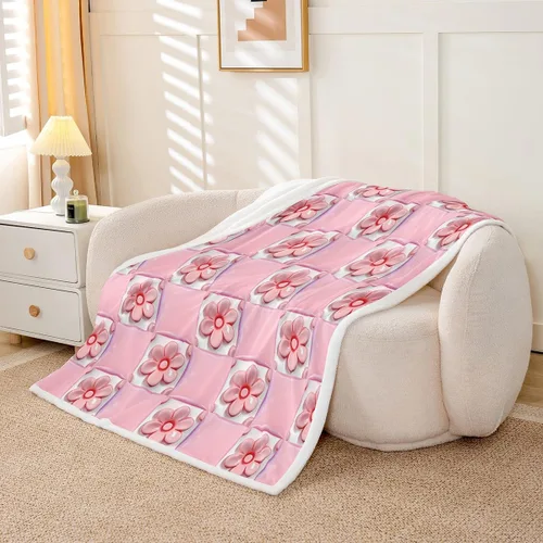 Miniatura 3 de Pink Floral Flannel Blanket,3D Vivid Flower Throw Blanket,Splicing Geometric Girds Fuzzy Blanket for Sofa Bed Living Room Decor,Girls Women Romantic