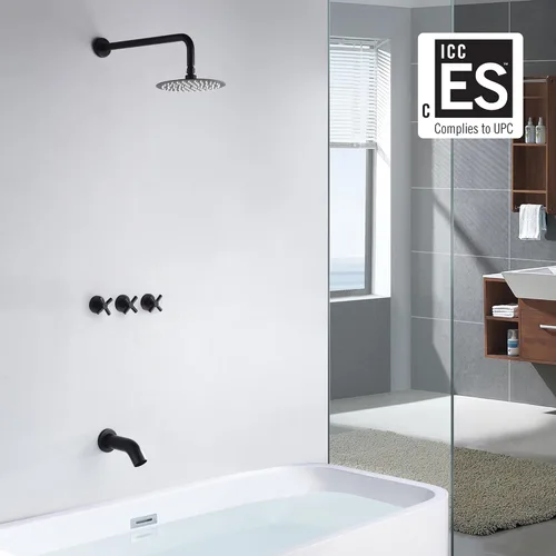 Miniatura 2 de Grifo de bañera y ducha de 3 manijas, juego de grifería de bañera negro mate con caño de cascada para bañera, kit de molduras de bañera y ducha