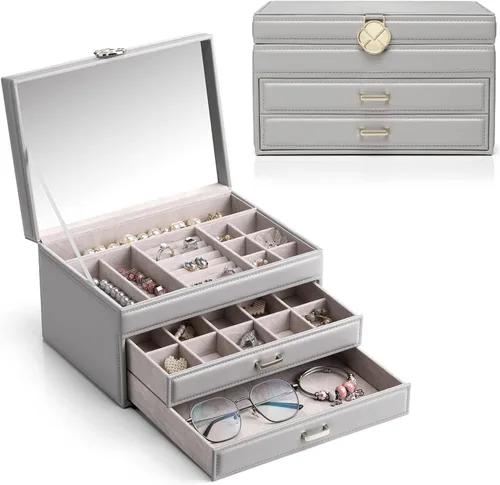 Vlando Organizadores de joyero con espejo Full HD 2 cajones múltiples compartimentos para collares aretes relojes anillos regalo vintage gris