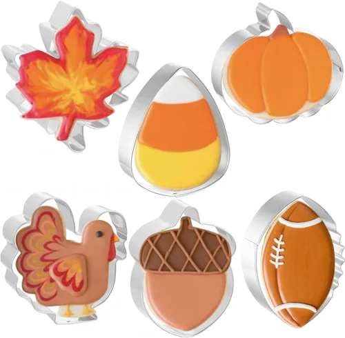 JOB JOL Cortadores de galletas de Acción de Gracias, 6 unidades, 3 a 3.6 pulgadas, calabaza, hoja, fútbol, pavo, bellota, maíz dulce