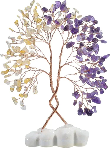 Miniatura 8 de SUNYIK Árbol de dinero de cuarzo rosa y aguamarina con base de cuarzo de roca de doble corazón, hecho a mano, envuelto en alambre, árbol de la vida