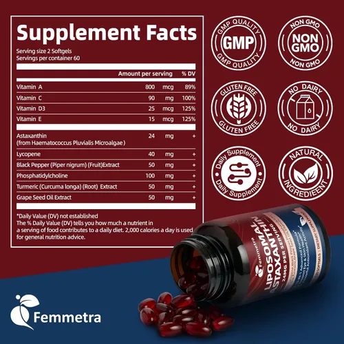 Miniatura 7 de Suplementos de astaxantina liposomal de 24 mg con licopeno para la salud de los ojos, la piel y el sistema inmunológico, suplemento antioxidante