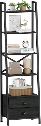 Miniatura 10 de Furologee Estantería de escalera de 5 niveles con 2 cajones, estantes de almacenamiento estrechos para libros, estantería industrial independiente