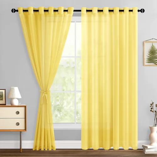 Miniatura 45 de Hiasan - Cortinas traslúcidas de gasa cortas semitransparentes con ojales y alzapaños filtrantes de luz para ventana, dormitorio, baño, 2 paneles