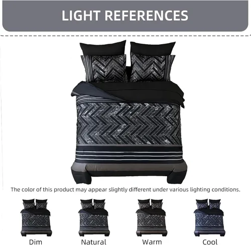 Miniatura 7 de Luxudecor Juego de Edredón Negro Tamaño King, 7 Piezas Cama en una Bolsa de Rayas Geométricas, Juego de Edredón Geométrico y Sábanas, Juego Completo