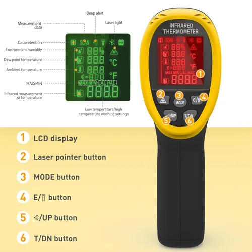 Miniatura 2 de Termómetro digital infrarrojo de -58 ℉ a 1472 ℉, pistola termómetro industrial INFURIDER 985E temperatura ambiente, humedad y punto de rocío