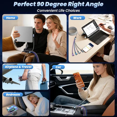 Miniatura 5 de Cargador de teléfono de 90 grados, cable de carga múltiple 4 en 2, cable USB C CarPlay con doble tipo C, micro USB, puerto IP, cable USBC de nailon