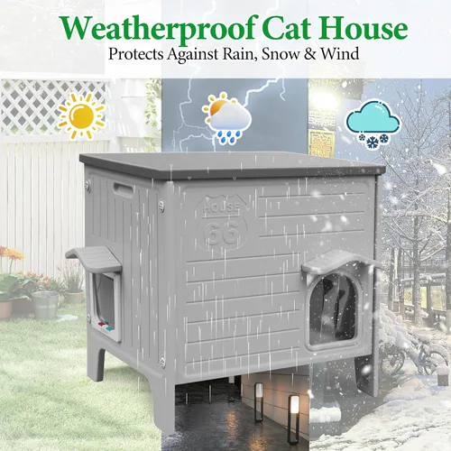 Miniatura 7 de Deblue Casa para Gatos de Exterior Resistente a la Intemperie Grande de Plástico Casas para Gatos con Puerta de Escape Interior Impermeable Refugio