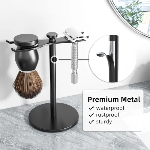 Miniatura 6 de pickpiff Soporte para Maquinilla de Afeitar de Seguridad con Portacepillos, Soporte de Afeitado de Metal Resistente Negro para Hombres, Aberturas