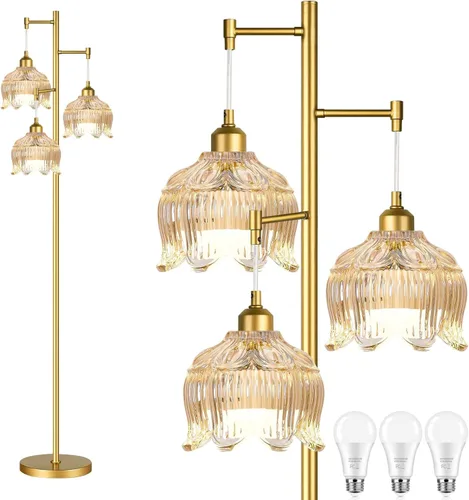 Lámparas de Pie Vintage para Sala de Estar Dormitorio - Lámpara de Pie Dorada de 3 Luces con Pantalla de Cristal, Lámpara Alta de Flores de Cristal