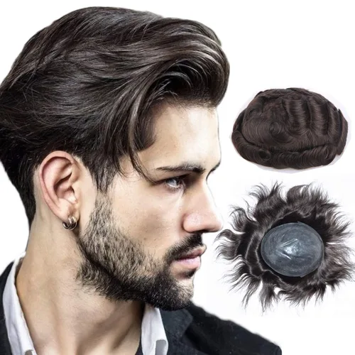 Miniatura 6 de Toupee para hombres, cabello humano para hombre, piezas de cabello de 0.002 in, piel suave y fina, un solo nudo, natural, ondulado, sistema