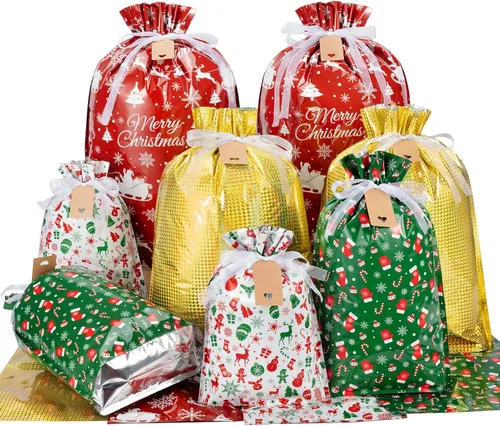 Asoulin Bolsas de regalo de Navidad con cordón y etiquetas, 32 bolsas de regalo de pie de varios tamaños, grandes, medianas y pequeñas, bolsas de