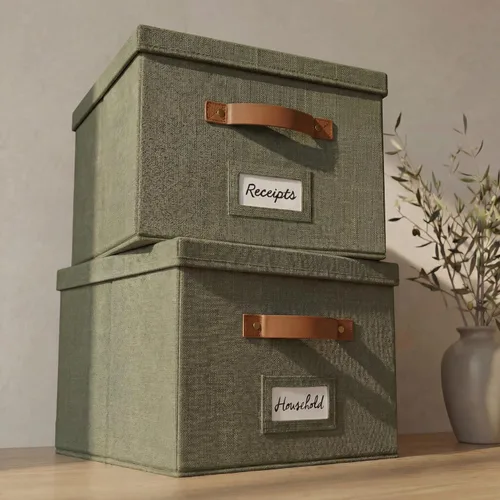 Miniatura 10 de Caja organizadora de archivos decorativa, juego de 2 – Archivadores plegables de lino con asas son perfectos para almacenar todos tus documentos