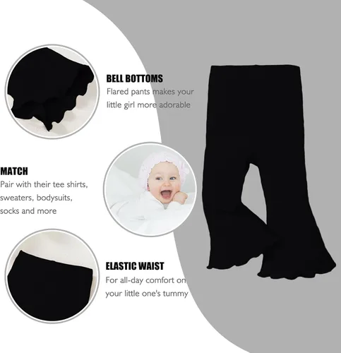 Miniatura 2 de SOBOWO Pantalones acampanados para bebé, paquete de 3 unidades para niña pequeña, color liso, acanalado, con volantes, pantalones acampanados