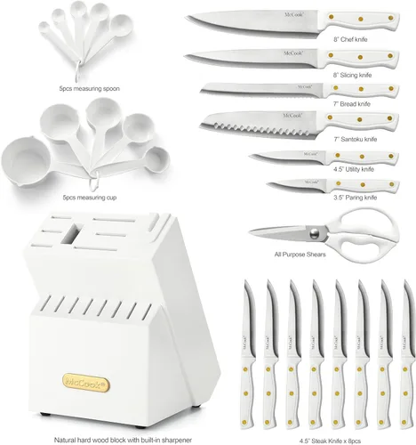 Miniatura 3 de McCook® Juegos de cuchillos, juegos de cuchillos de cocina de acero inoxidable de alto carbono blanco con afilador incorporado