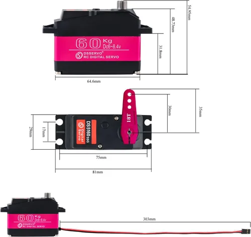 Miniatura 3 de 2 piezas RCmall DS5160 SSG HV 132.3 lbs gran par programable digital 270 grados RC Servo con brazo servo de metal ajustable T18 para 1/5 escala RC