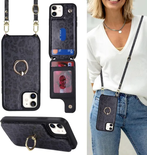 Miniatura 17 de Lipvina Funda para iPhone 13 Mini con tarjetero y correa para mujer, cordón cruzado, soporte de anillo con soporte, cierre a presión, bloqueo RFID