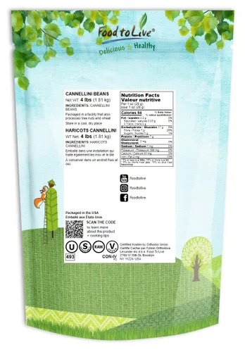 Miniatura 2 de Food to Live - Frijoles Cannellini, 4 libras de frijoles blancos secos, germinables, veganos, kosher, sirtfood, a granel. Rico en fibra, proteínas.