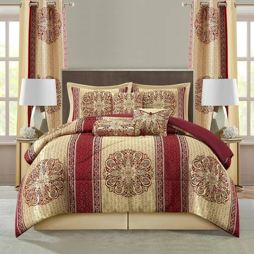 Miniatura 9 de Grand Avenue Juego de edredón negro tamaño King, 10 piezas, edredones y juegos de ropa de cama jacquard, falda de cama a juego, almohadas y fundas