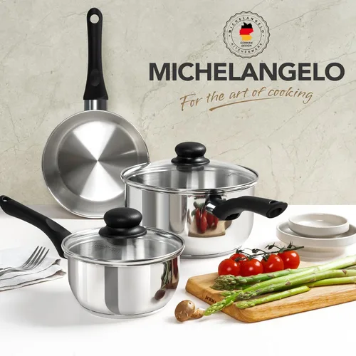 Miniatura 7 de MICHELANGELO Cacerola de acero inoxidable con tapa, 6 piezas, juego de ollas de acero inoxidable con base triple, juego de cacerolas con mango
