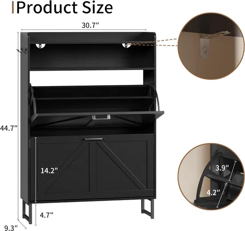 Miniatura 2 de Gabinete para Zapatos con 2 Cajones Abatibles, Organizador Independiente Oculto para Almacenamiento de Zapatos para Entrada, Gabinete Estrecho