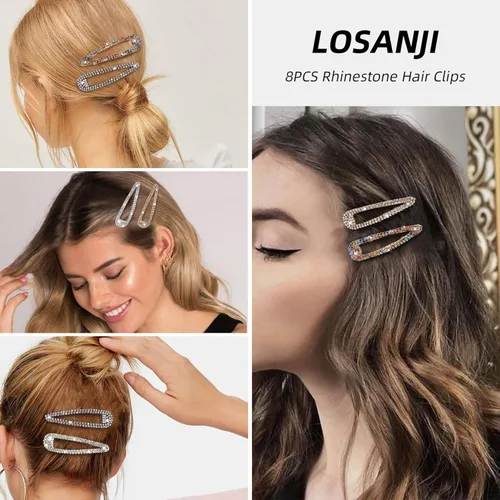 Miniatura 3 de 8 pinzas para el cabello con diamantes de imitación, pasadores para el cabello con cristales de gota de agua, horquillas de metal brillante, plateado