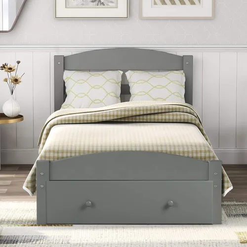 Miniatura 19 de SOFTSEA Base de cama de tamaño individual con cajones de almacenamiento, plataforma de madera maciza moderna de mediados de siglo con cabecero,