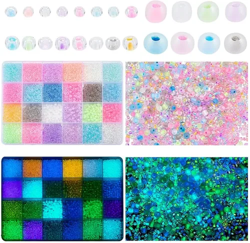 PH PandaHall Acerca de 11581 cuentas de semillas de vidrio luminosas, 24 estilos que brillan en la oscuridad, cuentas espaciadoras pequeñas para