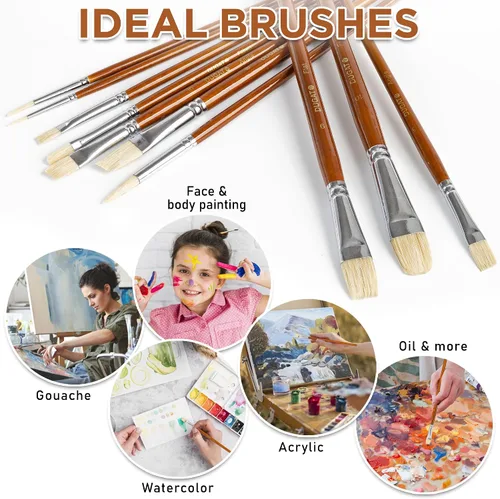 Miniatura 6 de DUGATO - Juego de 10 pinceles de pintura para artistas de pelo de cerdo blanco de mango corto, perfecto para acrílico, óleo, gouache, acuarela, kit