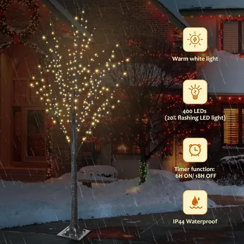 Miniatura 2 de Árbol iluminado con 400 luces LED de 5 pies, incluye luces parpadeantes, abedul LED con temporizador para exteriores, interiores, Pascua, Navidad