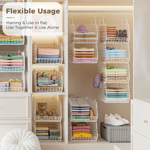Miniatura 5 de Organizador de armario colgante plegable extra profundo de 4", estantes pequeños de alambre para gabinete y almacenamiento con 5 ganchos en S, Blanco