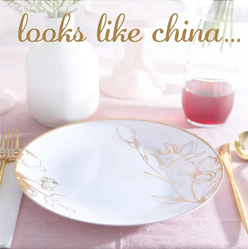 Miniatura 4 de [Platos de 10 pulgadas, 10 unidades] Platos de cena de fiesta de diseño floral de plástico blanco con borde dorado, vajilla desechable elegante