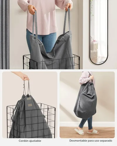 Miniatura 4 de SONGMICS Cesta para la ropa sucia, 23.8 galones (90L) Cesta de ropa, Cesta de ropa plegable, forro extraíble y lavable, marco de alambre metálico