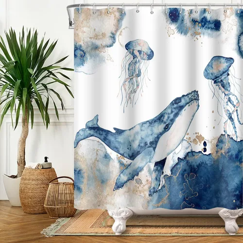 Miniatura 11 de Yeele Cortina de ducha con diseño de delfín, diseño de animales submarinos, tropical, con temática de vida silvestre, océano, azul, para baño