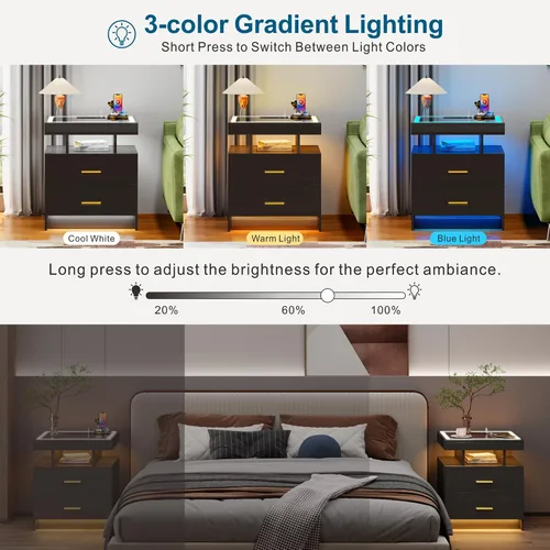Miniatura 6 de WOOVIVS Juego de 2 mesitas de noche con carga inalámbrica y luces LED para dormitorio, mesita de noche con tablero de vidrio y diseño de 2 cajones