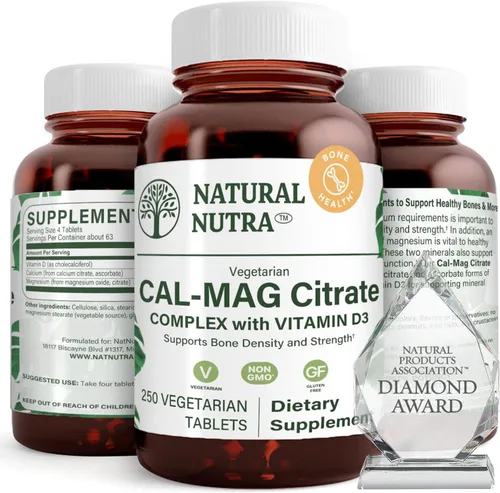 Natural Nutra Cal-Mag 1000/500 mg Citrato con vitamina D3, fortalece la densidad ósea, la salud muscular y nerviosa, fuentes altamente