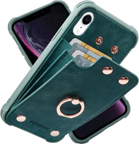 Miniatura 48 de Funda tipo cartera compatible con iPhone XR/10R con tarjetero de crédito, funda protectora de cuero a prueba de golpes compatible con anillo