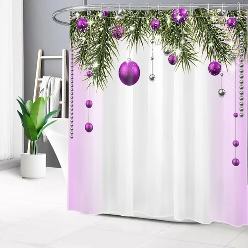 Miniatura 16 de Cortina de ducha de Feliz Navidad, bolas de Navidad azules y ramas de pino verde en tela blanca moderna, cortina de ducha para baño, cortina de baño