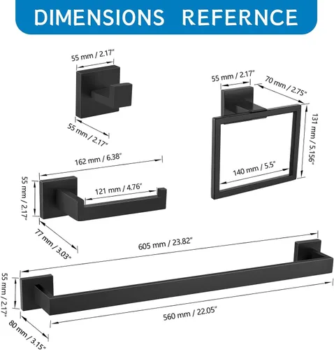 Miniatura 6 de Juego de 5 accesorios de baño de acero inoxidable SUS304, montaje en pared de 23.6 pulgadas Negro mate