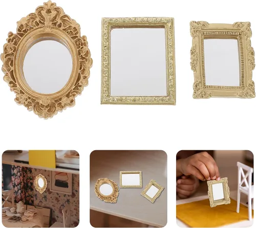 Miniatura 8 de NUOBESTY 3 espejos dorados en miniatura, espejos para casa de muñecas, espejos clásicos en relieve, espejo tallado antiguo, accesorios de decoración