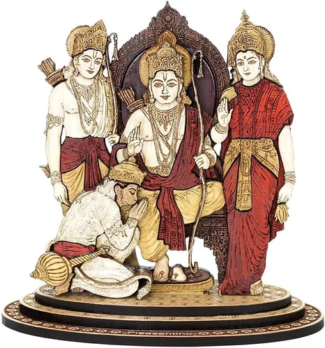 Estatua tallada en madera Ram Darbar de 4 pulgadas en maderas duras exóticas - Ídolo de madera de la familia Ram Ji hecho a mano con Hanuman para