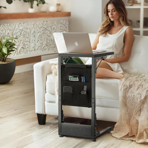 Miniatura 2 de Mesa auxiliar plegable en forma de C, pequeña mesa auxiliar plegable con bolsa de almacenamiento, bandeja de TV portátil para sofá, cama, color negro